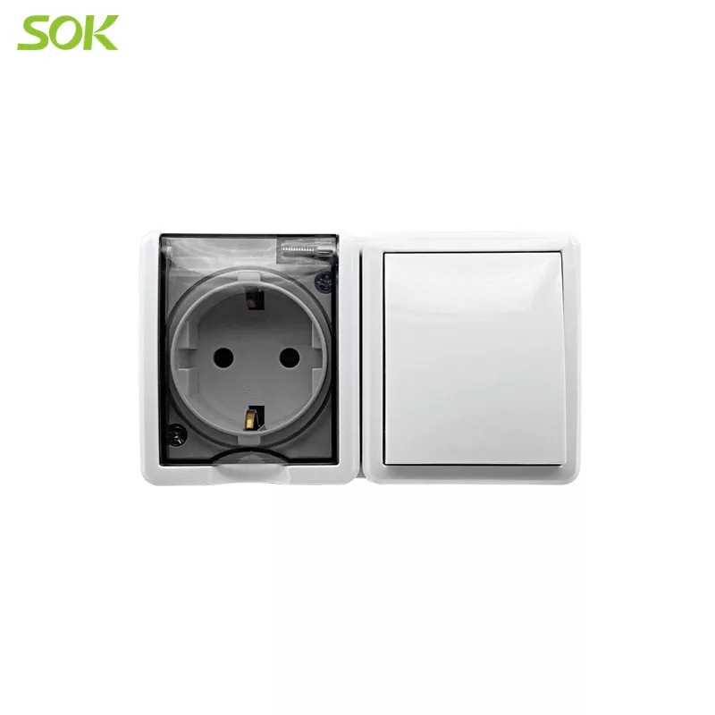 Block Single Schuko Power Outlet With Shutter + 1 G 1 W Light Switch  (Surface Mounted)