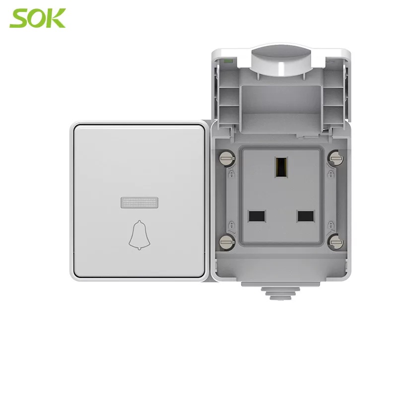 IP65 Door Bell Light Switch with LED and 13A BS Power Outlet Surface Mounted Horizontal Type