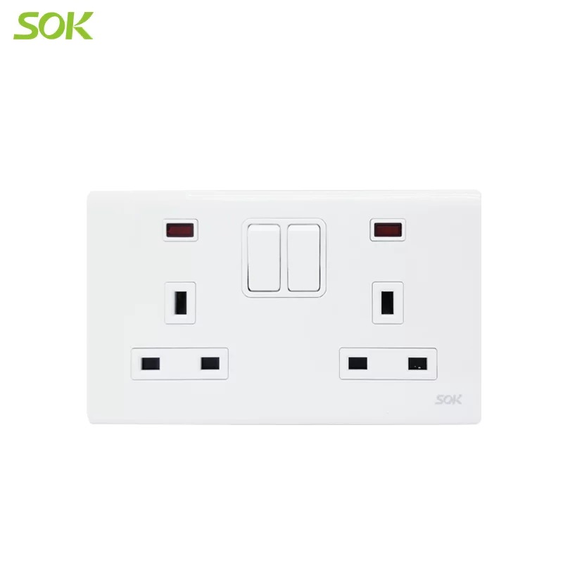 13A 250V Double Pole Switched BS Socket Outlets with Indicator - White 2 Gang