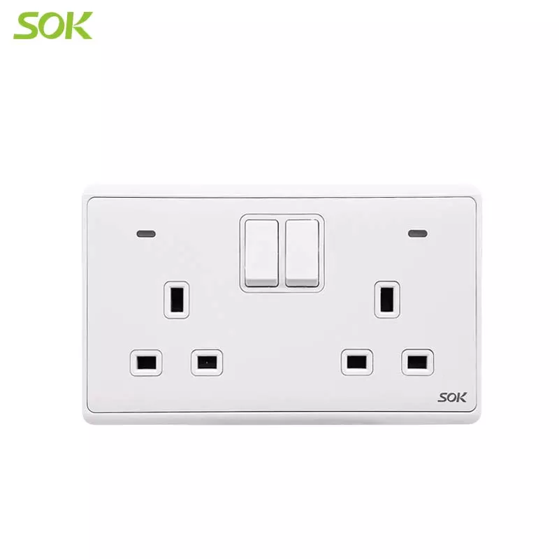 13A 250V Double Pole Switched BS Socket Outlets with Neon- 2 Gang White