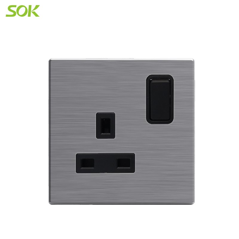 13A Switched BS Socket Outlet - 1 Gang Stainless Steel with Black Interior