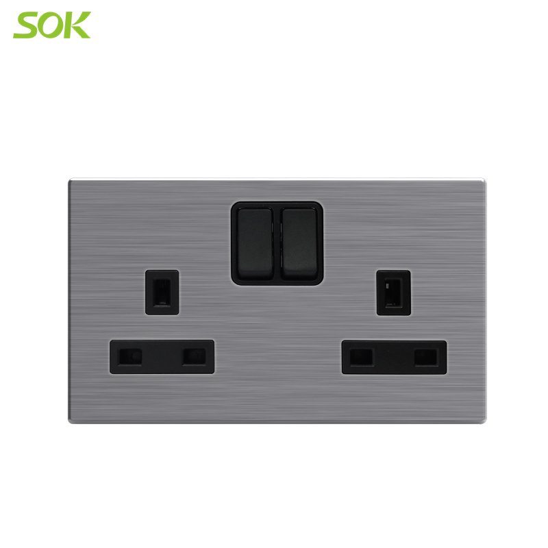 13A Switched BS Socket Outlets - 2 Gang Stainless Steel with Black Insert