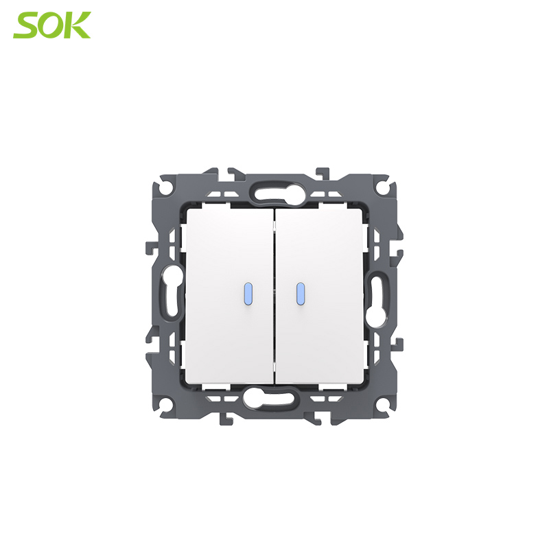 2 Gang 1 Way Light Switch with Indicator Screwless Terminal