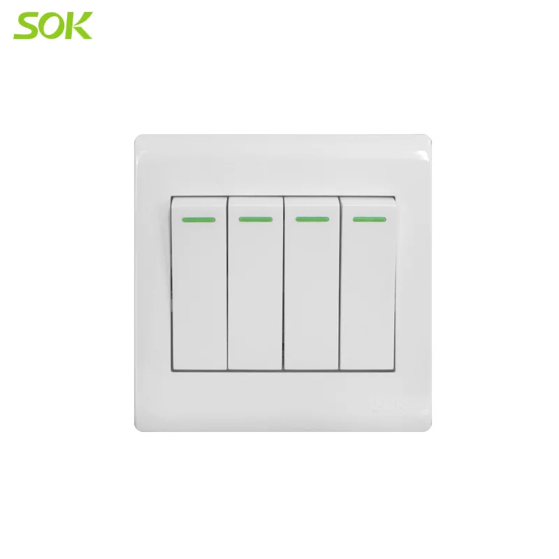 16AX 250V Light Switch 4 Gang 1 Way - White Wide Rocker