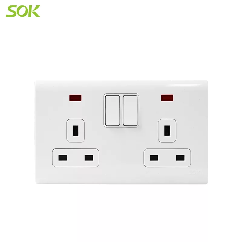 13A 250V Double Pole Switched BS Socket Outlets with Neon- White 2 Gang