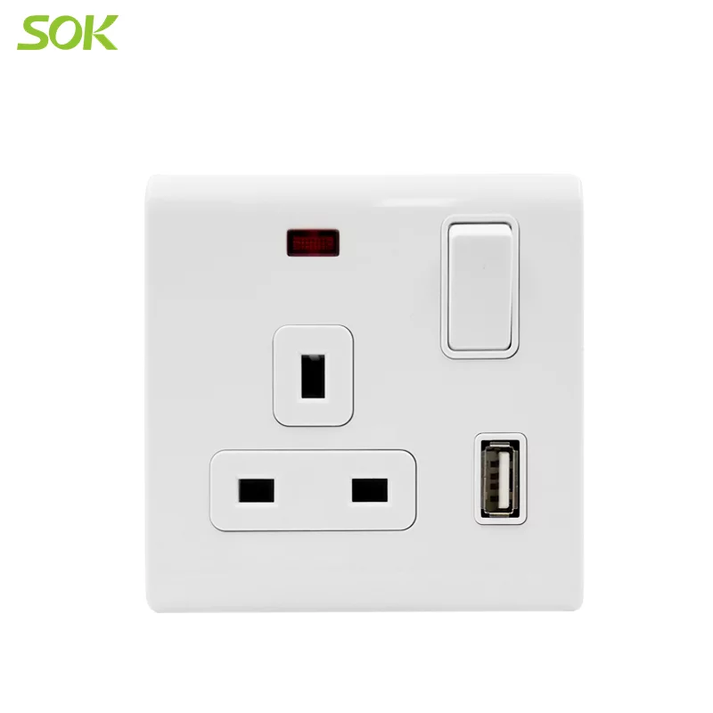 USB Charger + Double Pole Switched BS Outlet with Neon - 2.1A 13A