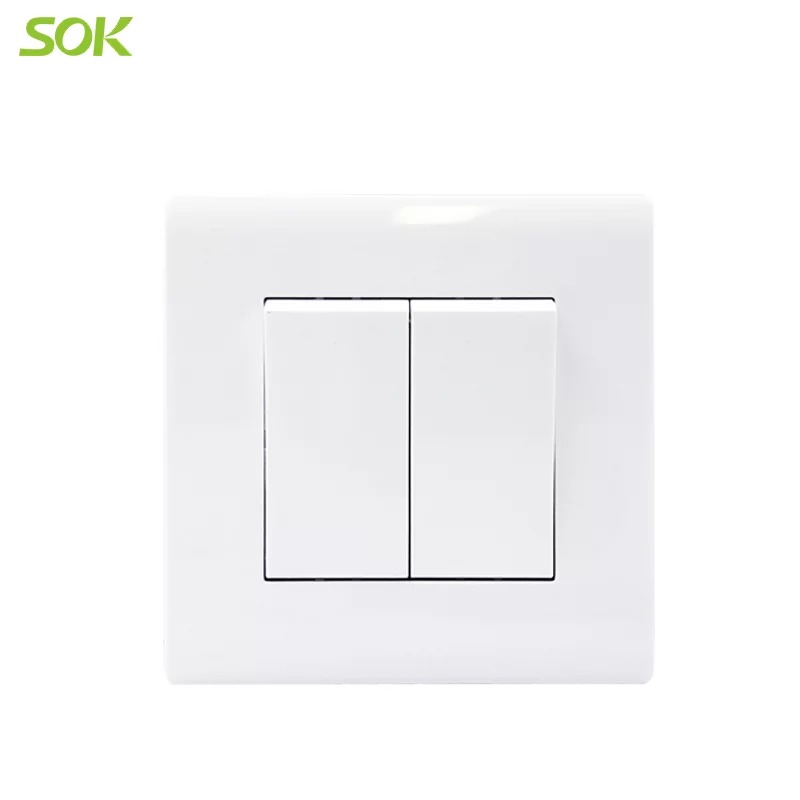 16AX 250V 2 Gang 2 Way Light Switch - White Wide Rocker