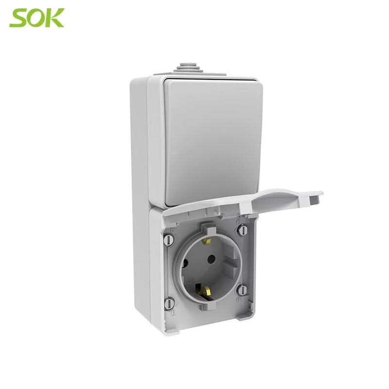 1 Way Wall Switch and Schuko Wall Socket with Shutter Surface Mounted Vertical Type(Screw-less Terminal)