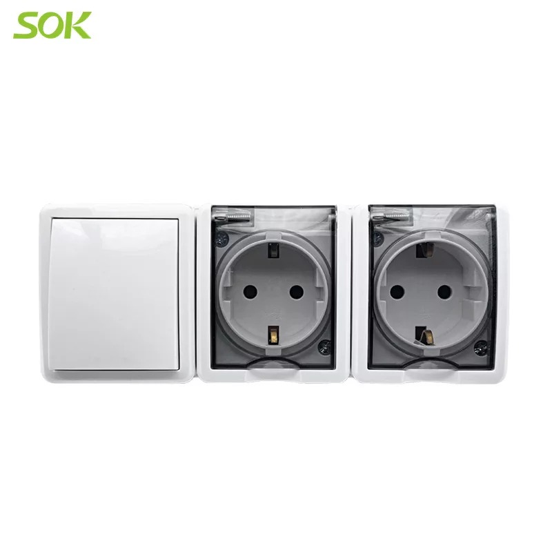 Block Double Schuko Power Outlet Without Shutter + 1 G 1 W Light Switch  (Surface Mounted)