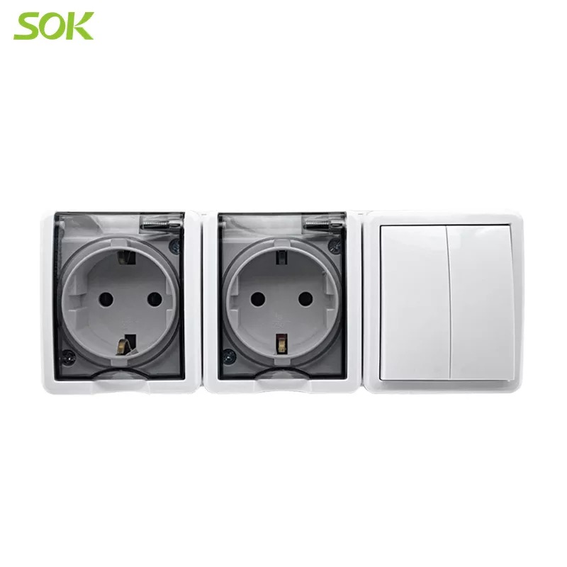 Block Double Schuko Power Outlet With Shutter + 2 G 1 W Light Switch  (Surface Mounted)