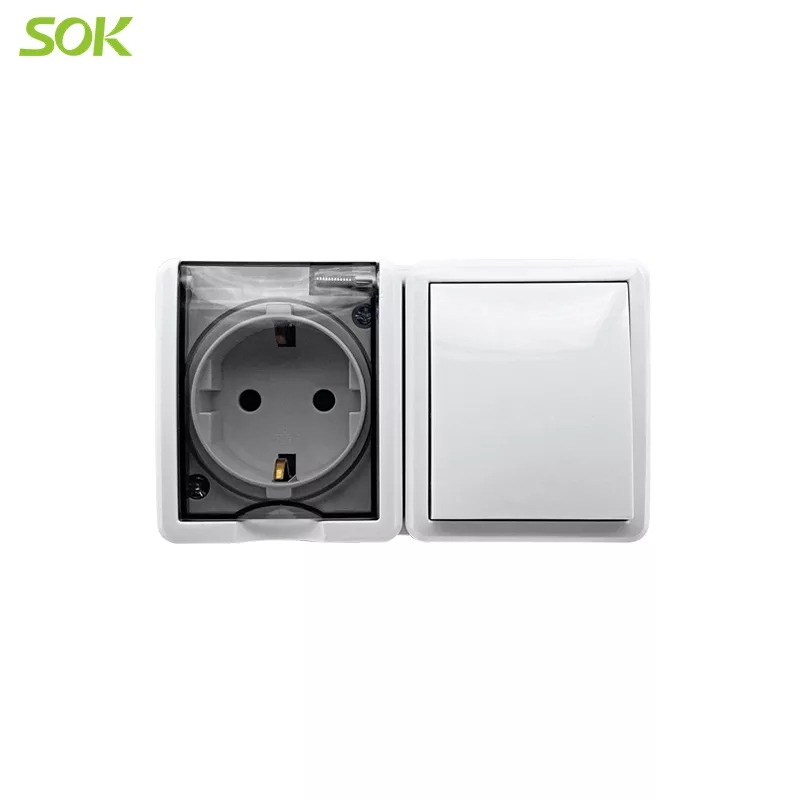 Block Single Schuko Power Outlet With Shutter + 1 G 2 W Light Switch  (Surface Mounted)