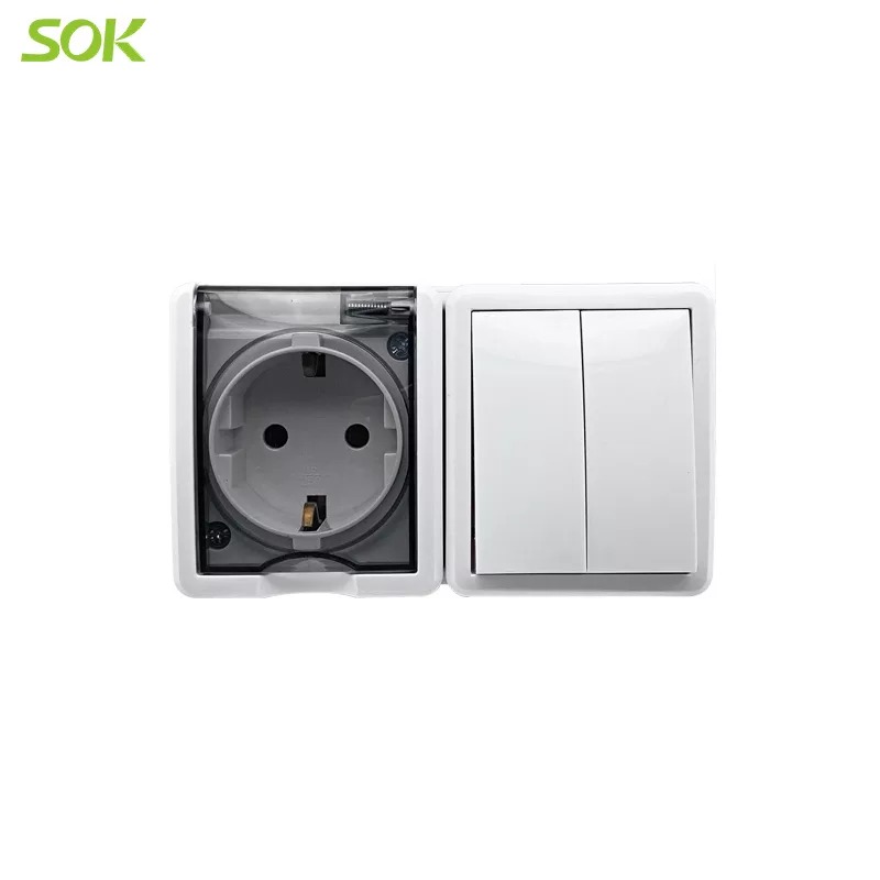 Block Single Schuko Power Outlet With Shutter + 2 G 1 W Light Switch  (Surface Mounted)