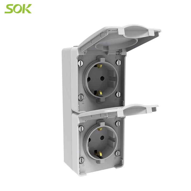 Double Schuko Power Outlet with Shutter Surface Mounted Vertical Type-Screw less Terminal
