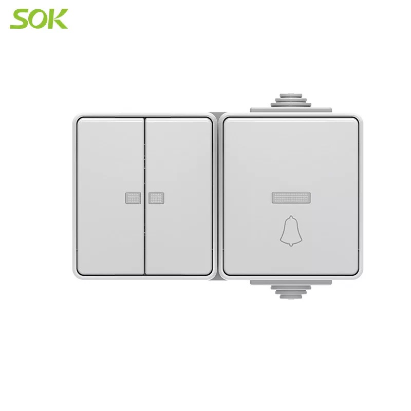 Horizontal Type 2 Gang 1 Way Switch with LED and Door Bell Light Switch with LED Surface Mounted(Screw-less Terminal)