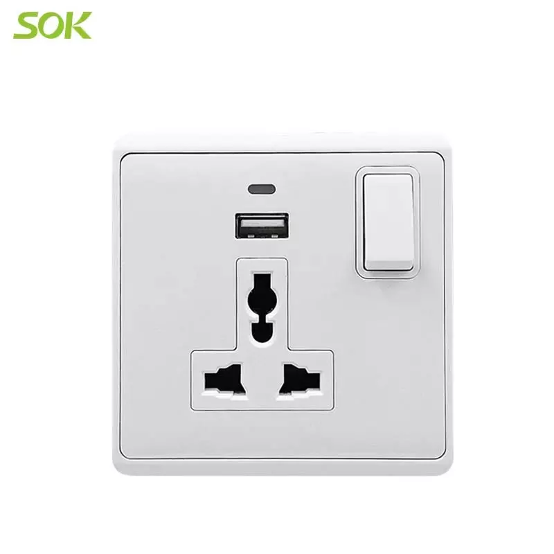 USB Charger + Single Pole Switched Universal Outlet with Neon - 2.1A 13A