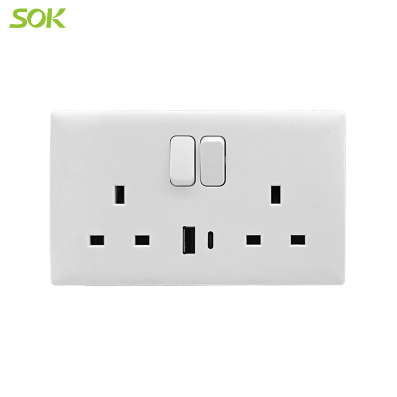 2 Gang D/P Switched 13A BS Socket W/USB(A+C)
